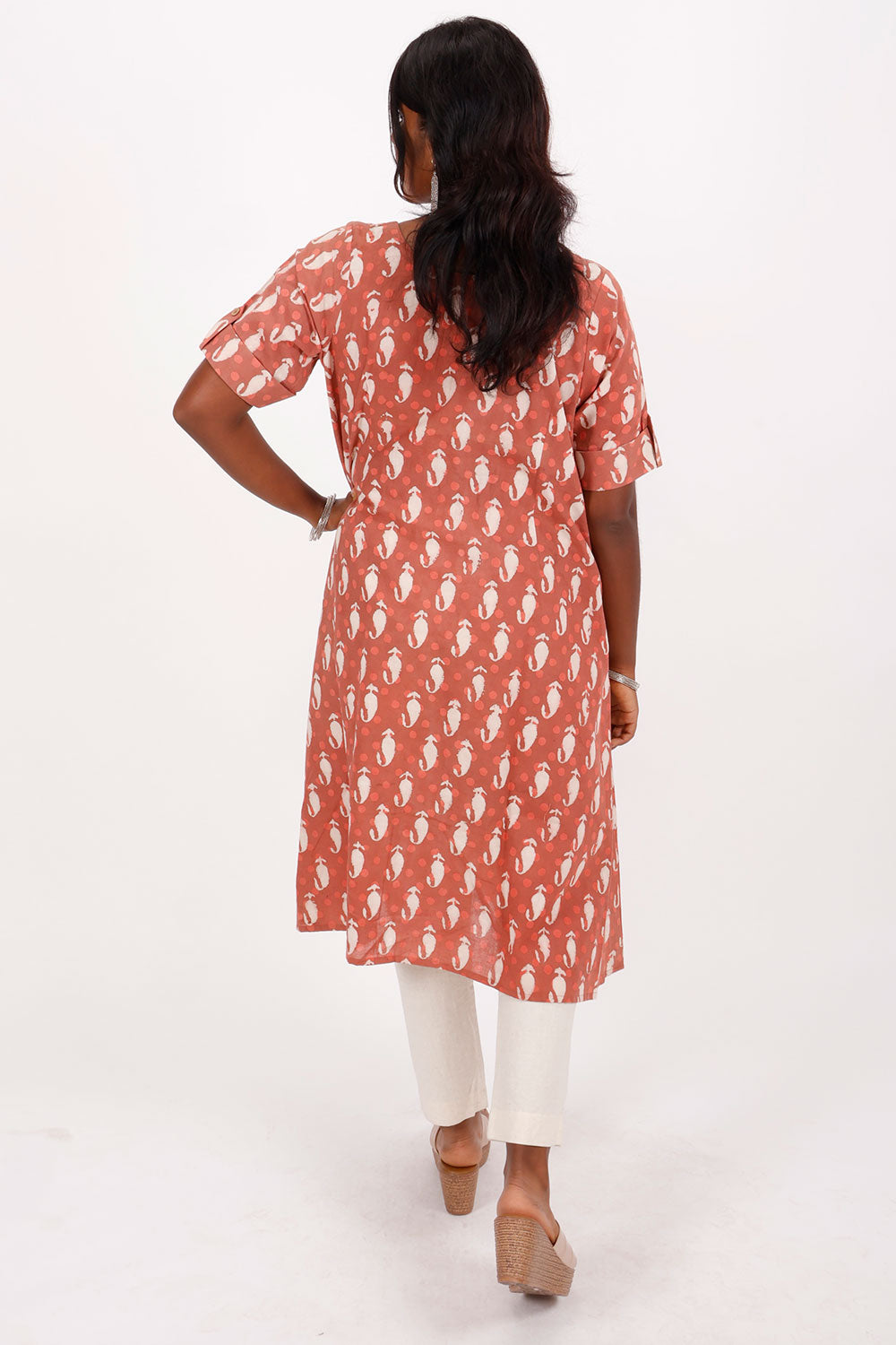 Brownish Red Dabu Printed A line Cotton Kurta 