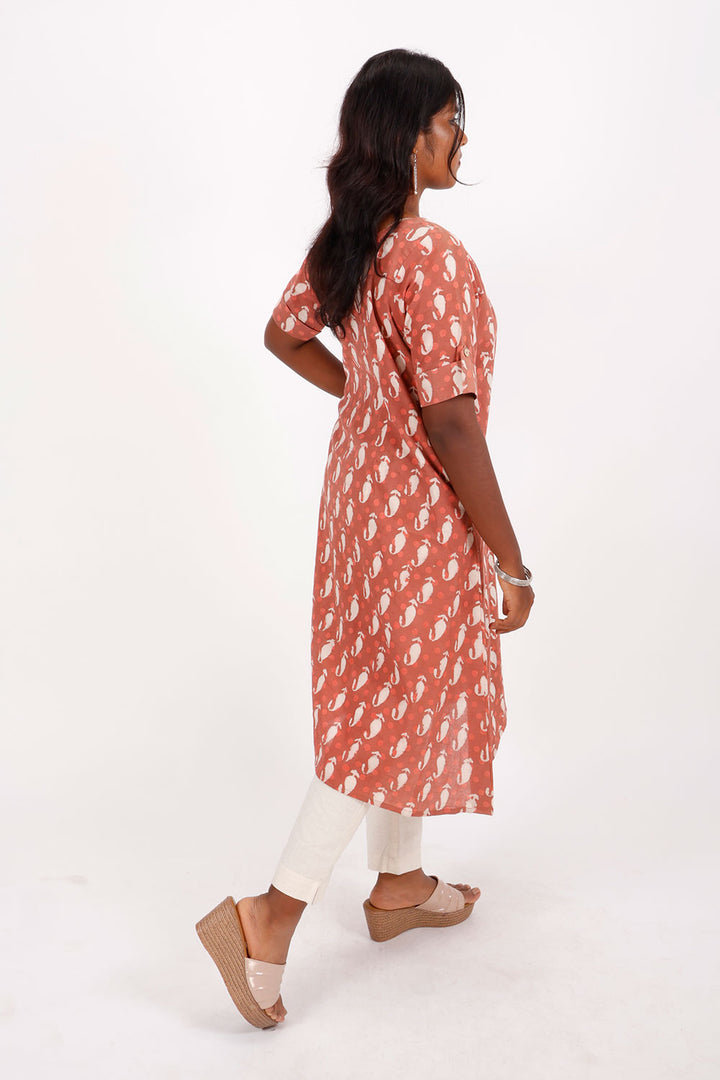 Brownish Red Dabu Printed A line Cotton Kurta 