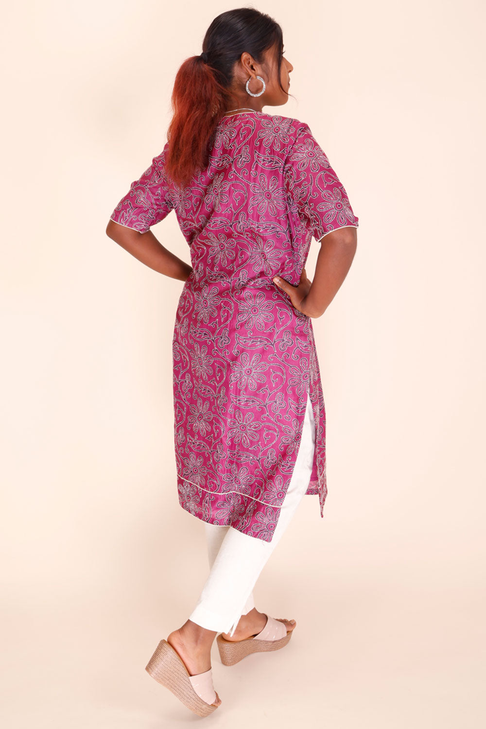  Pink Kantha Embroidered Tussar Silk Kurta 10064093