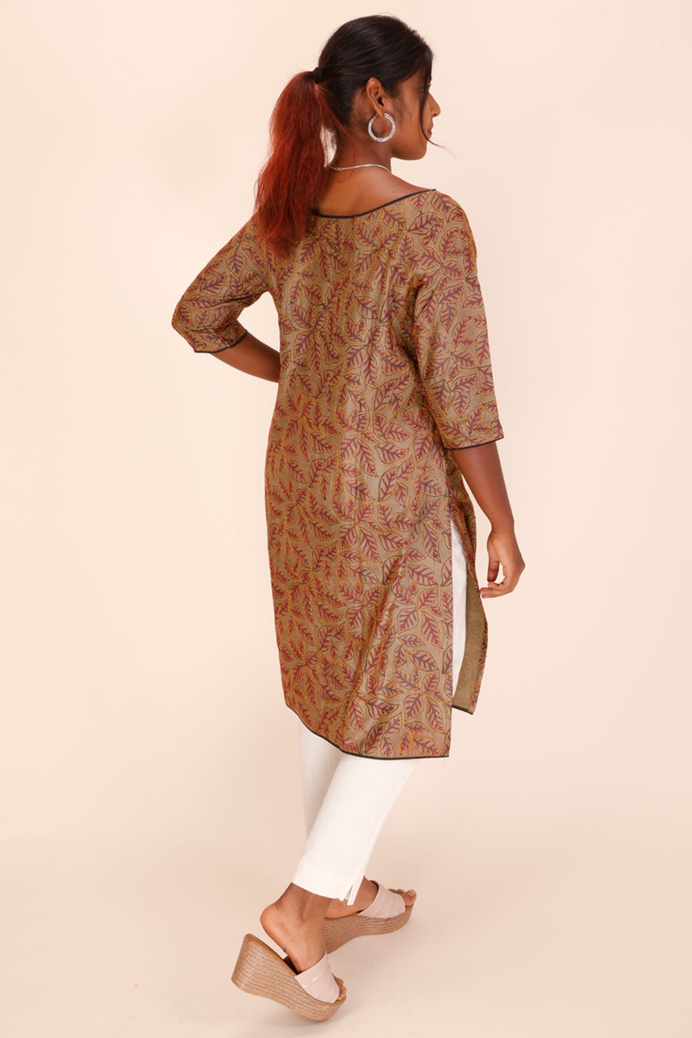 Light Brown  Kantha Embroidered Tussar Silk Kurta 10064096