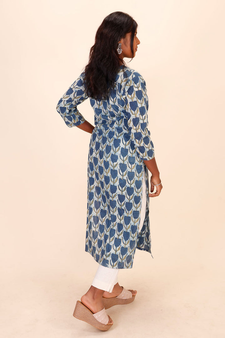 Blue Handblock Printed Vanaspati Cotton Kurta 