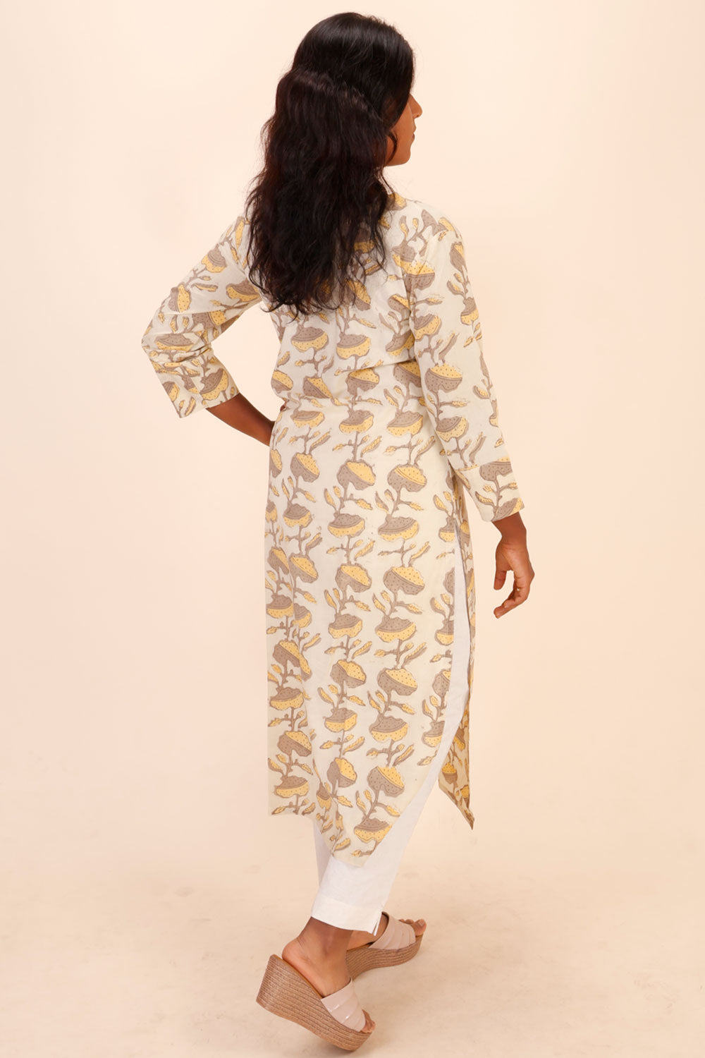 Beige Handblock Vanaspati Printed Cotton Kurta