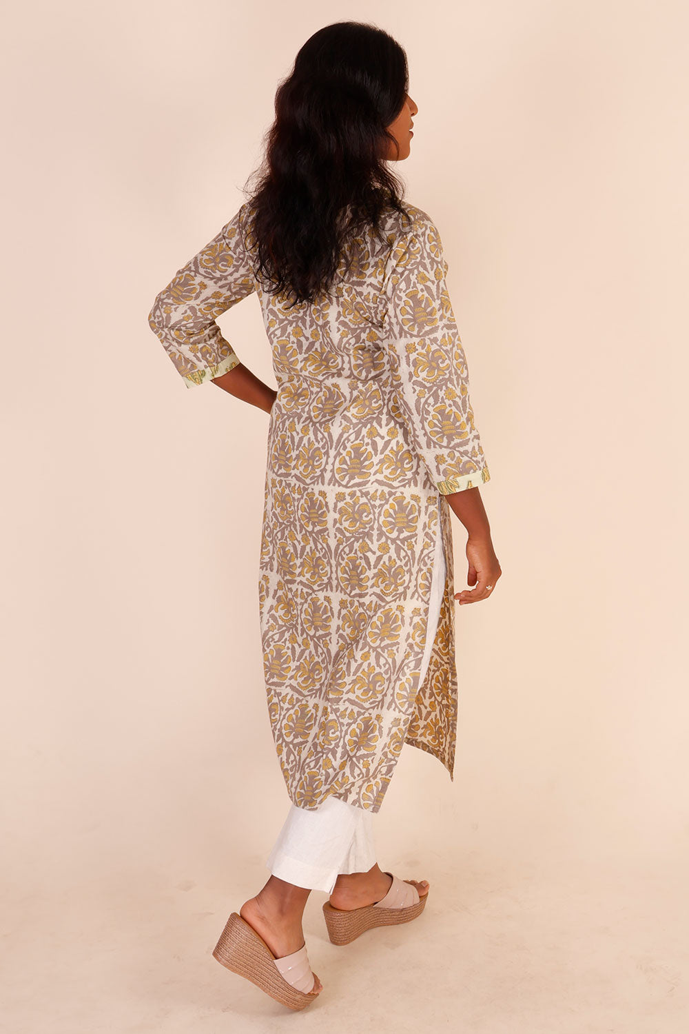 Beige Handblock Vanaspati Printed Cotton Kurta