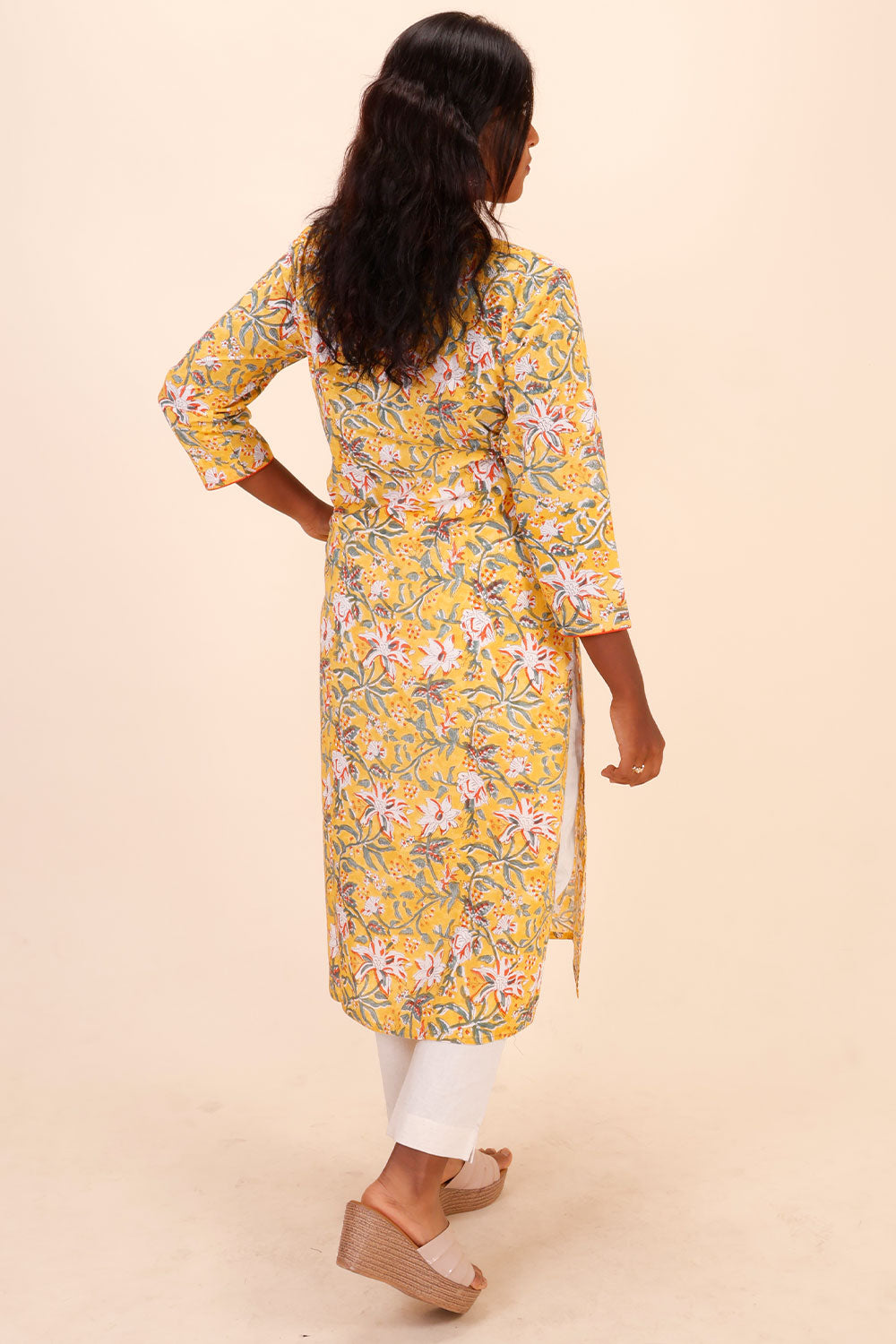 Yellow Handblock Printed Cotton Kurta 