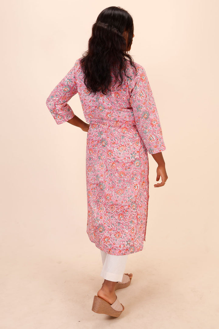 Pink Handblock Printed Cotton Kurta