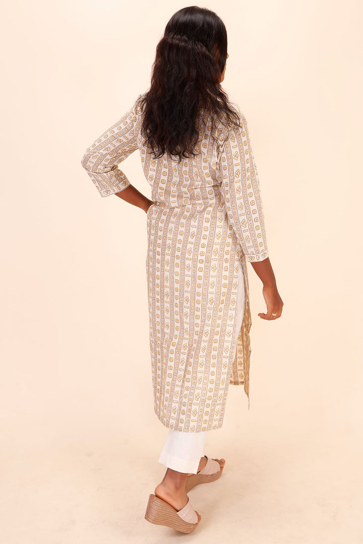 Cream Handblock Printed Cotton Kurta 