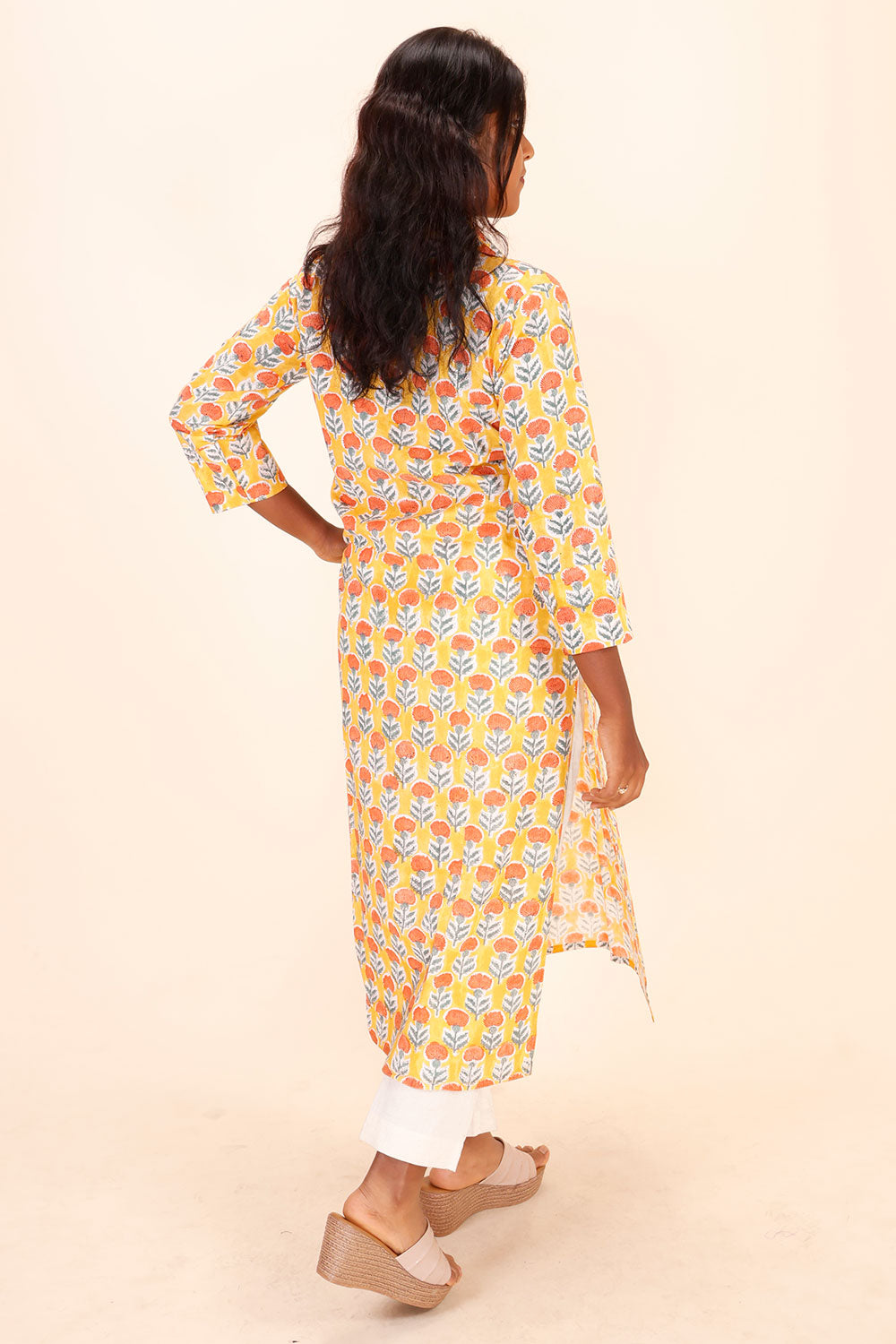 Yellow Handblock Printed Cotton Kurta