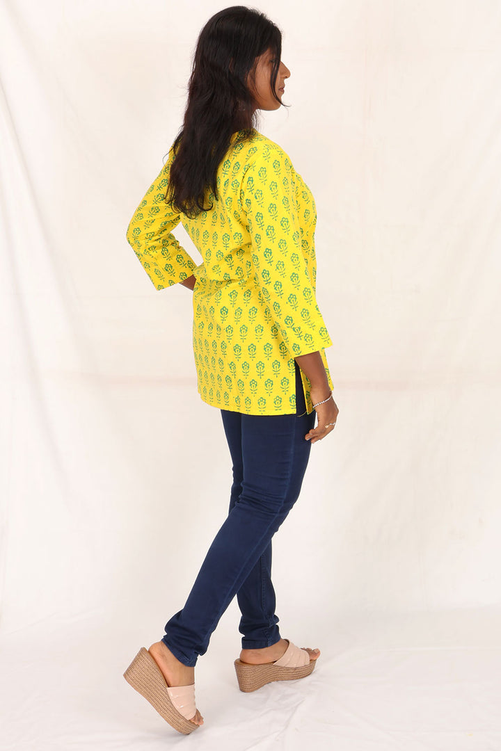 Yellow Gamthi Print Cotton Kurti