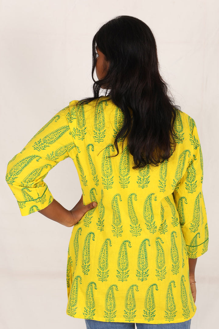 Yellow Gamthi Print Cotton Kurti 