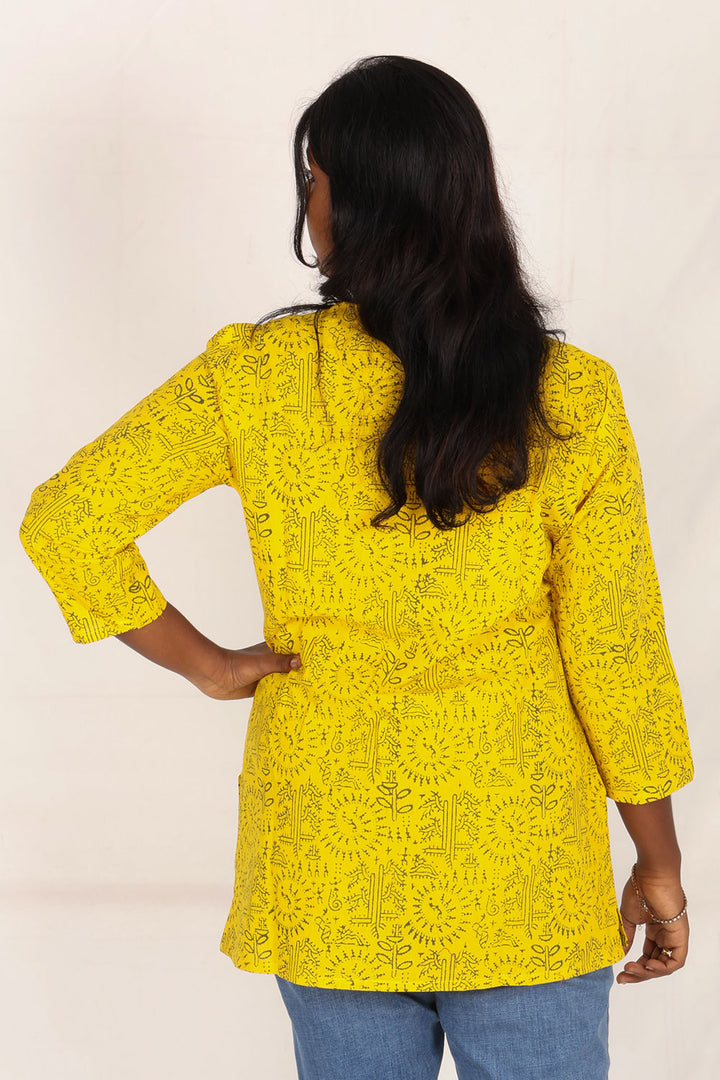 Yellow Gamthi Print Cotton Kurti 