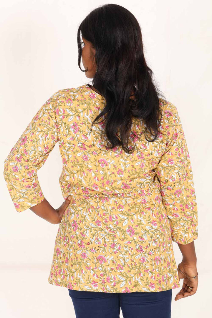 Yellow Hand Block Printed Cotton Kurti