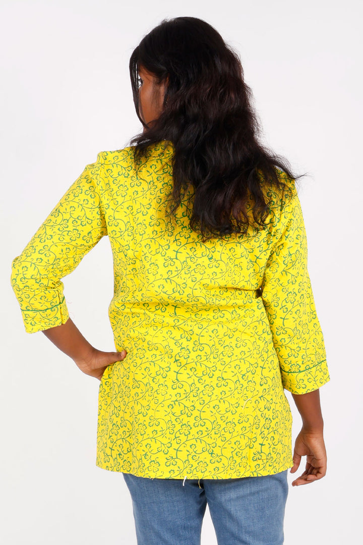 Yellow Gamthi Print Cotton Short Top