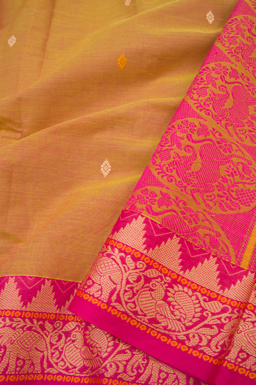 Peachish Yellow Handwoven Kanchi Cotton Saree 10063469