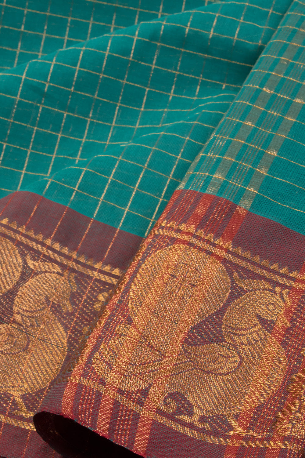 Teal Green Handwoven Kanchi Cotton Saree 