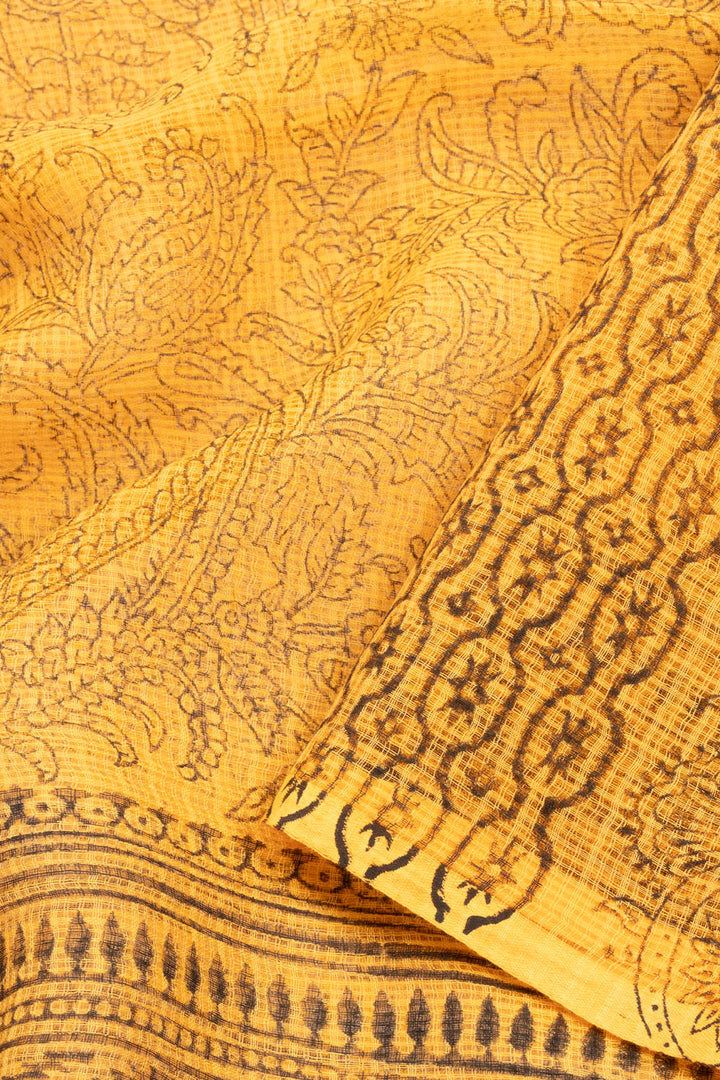 Yellow Hand Block Printed Kota Cotton Saree Without Blouse