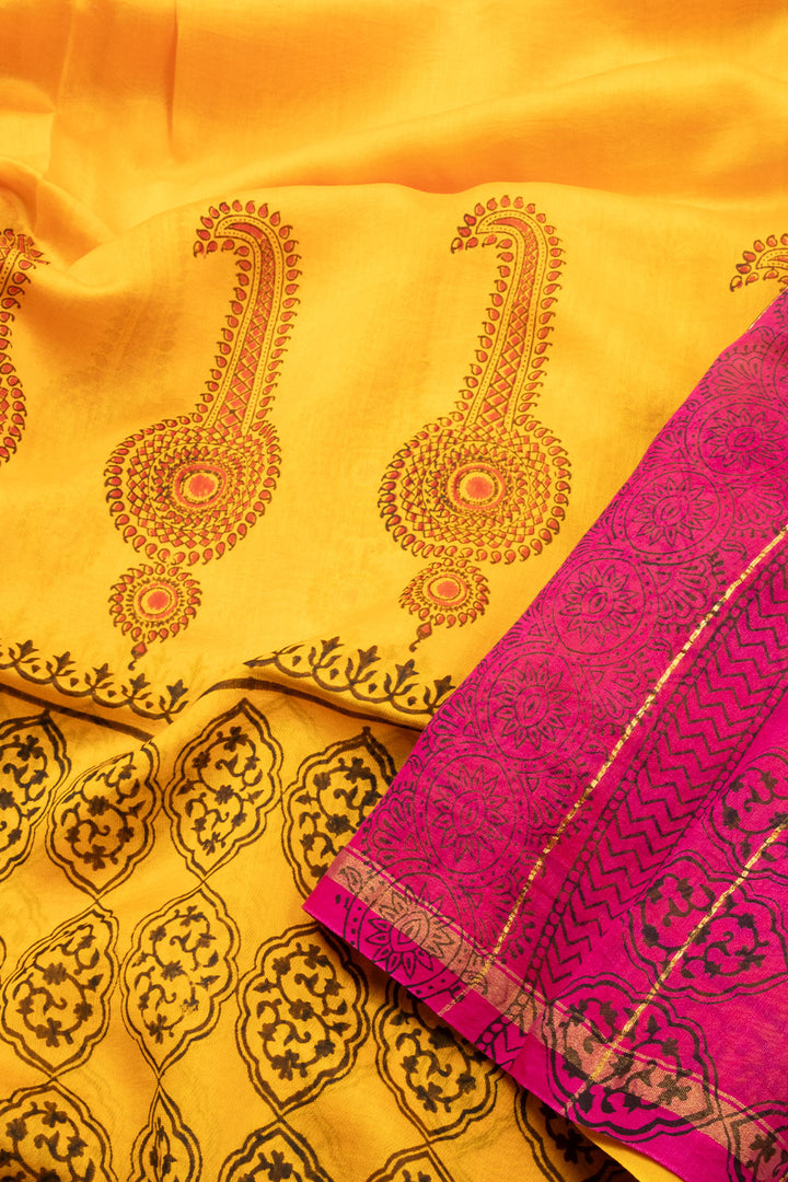 Yellow Printed Chanderi Silk Cotton Saree