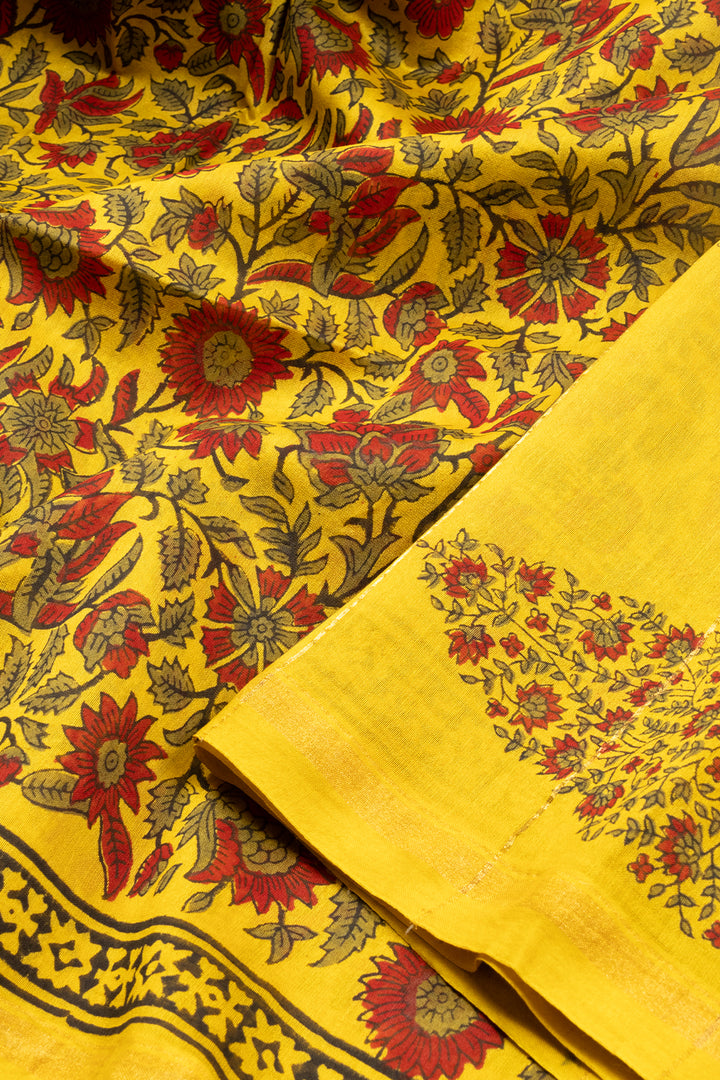 Yellow Printed Chanderi Silk Cotton Saree