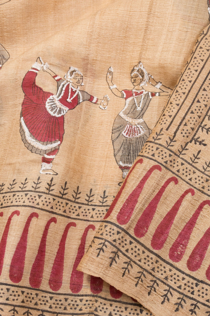 Beige Hand Block Printed Tussar Silk Saree 10072553