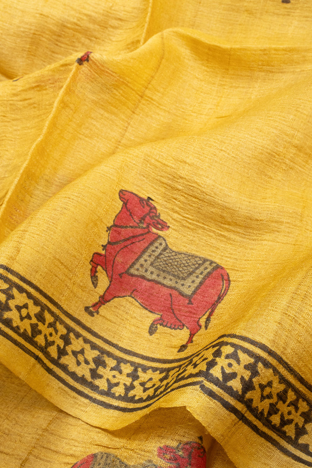 Yellow Hand Block Printed Tussar Silk Saree 