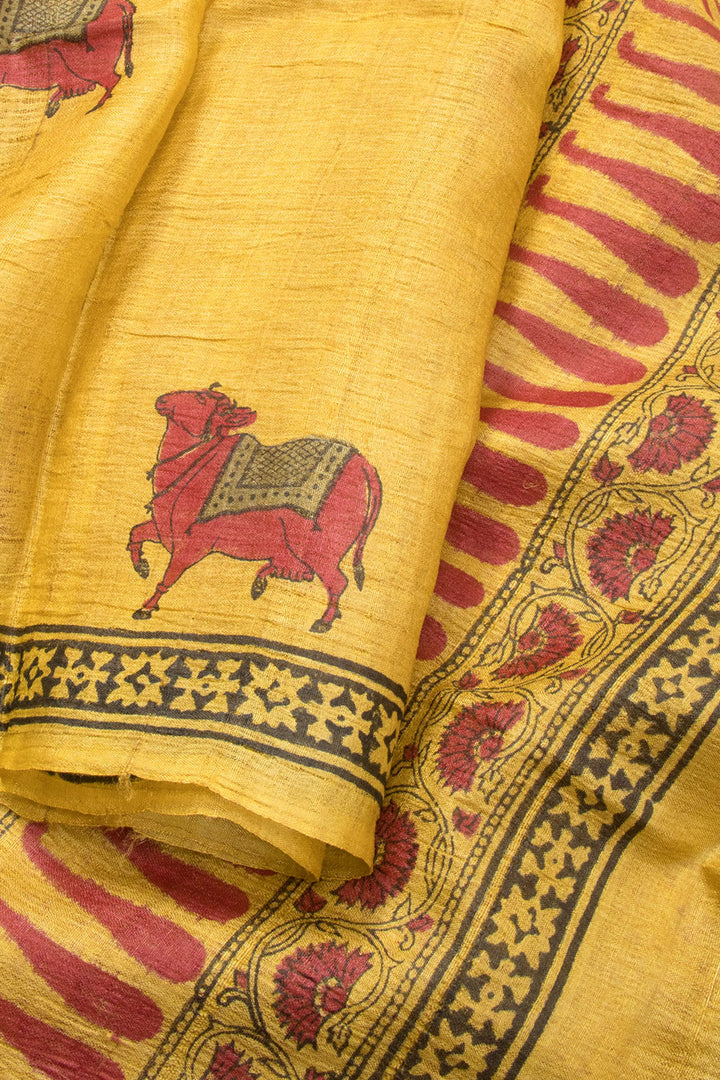 Yellow Hand Block Printed Tussar Silk Saree 10072554