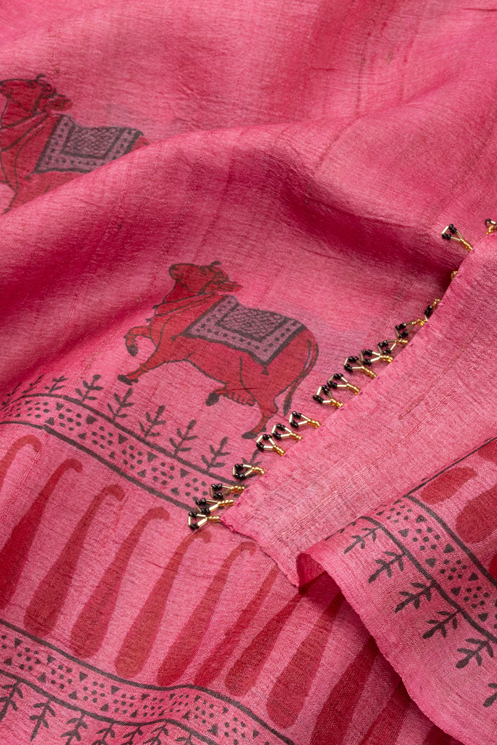 Pink Hand Block Printed Tussar Silk Saree