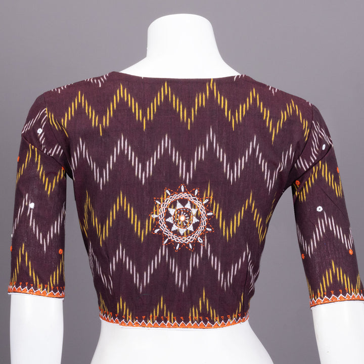 Brown Ikat Mirror Work Embroidered Cotton Blouse