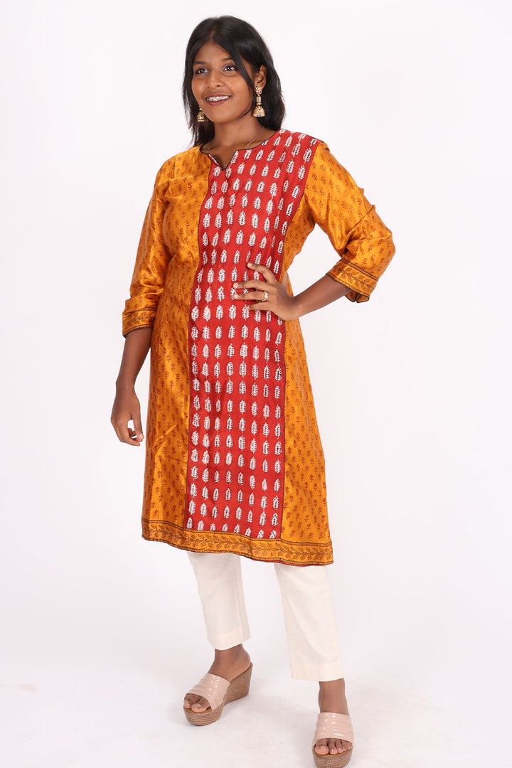 Yellow Handcrafted Bagh Printed Modal Silk Kurta