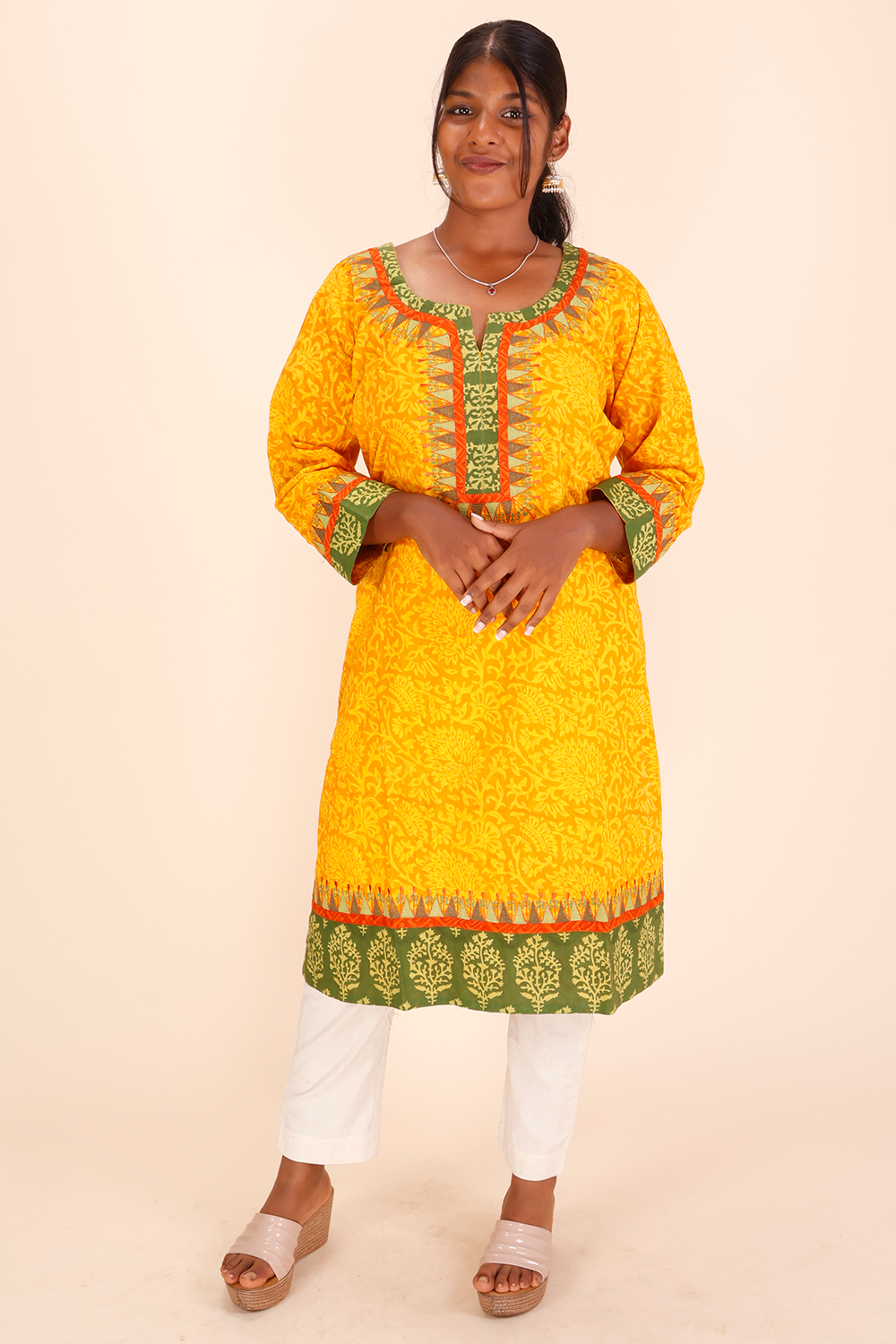 Yellow Hand Block Printed Cotton Kurta 10024564