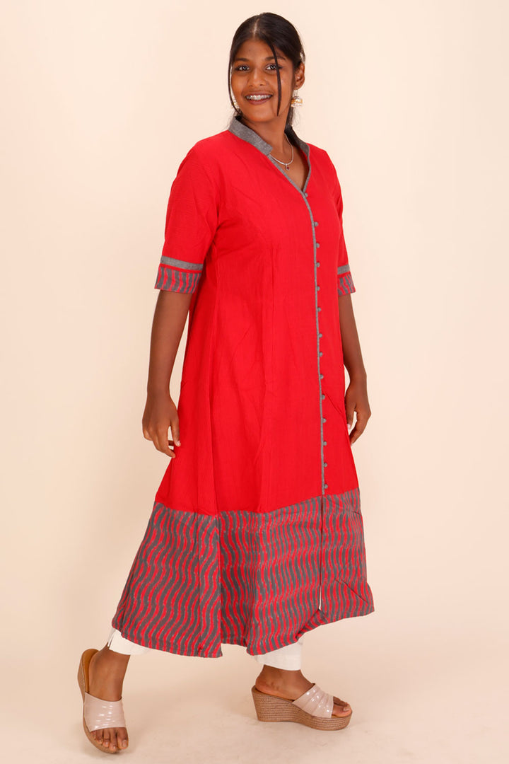  Red Handcrafted Ikat Cotton Kurta 10039330