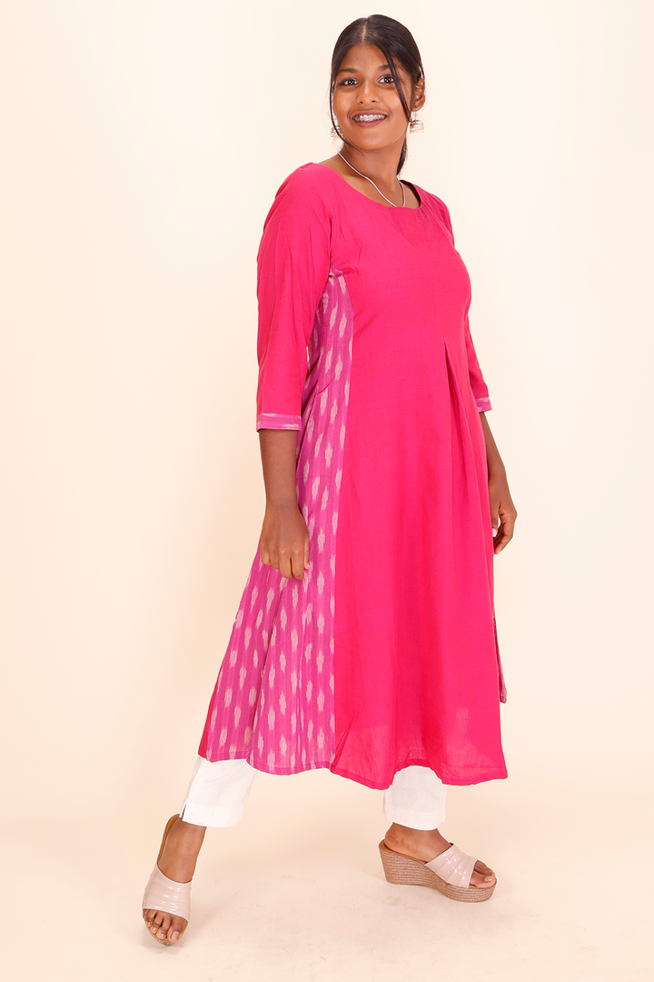 Pink Handcrafted Ikat Cotton Kurta 10039334