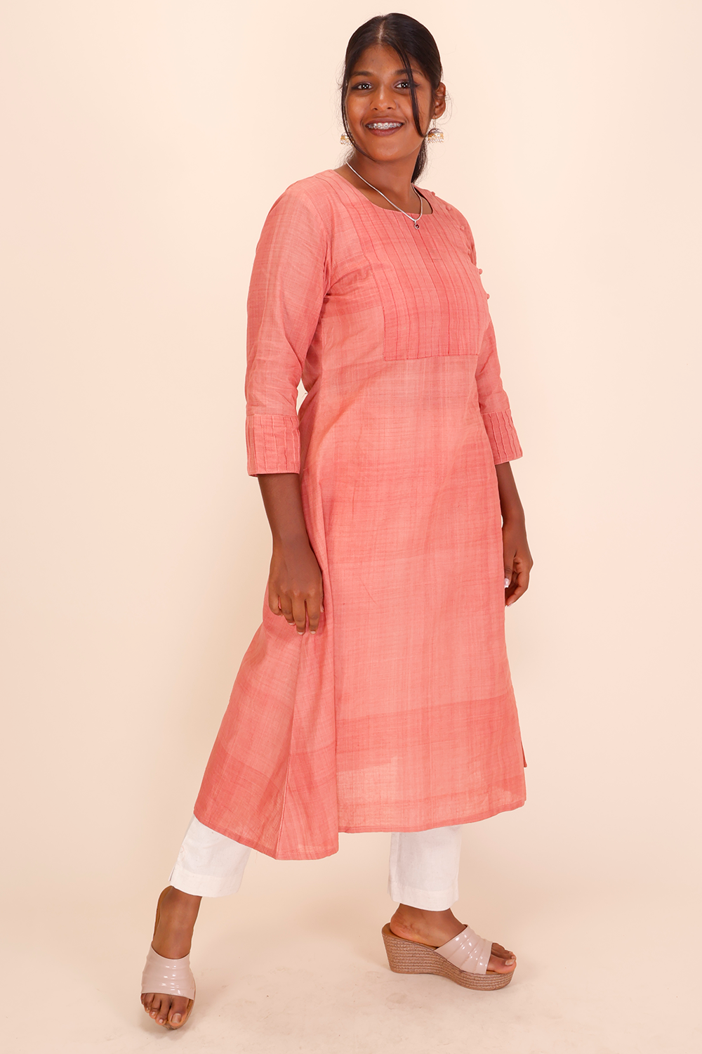 Peach Handcrafted Khadi Cotton Kurta 10039343