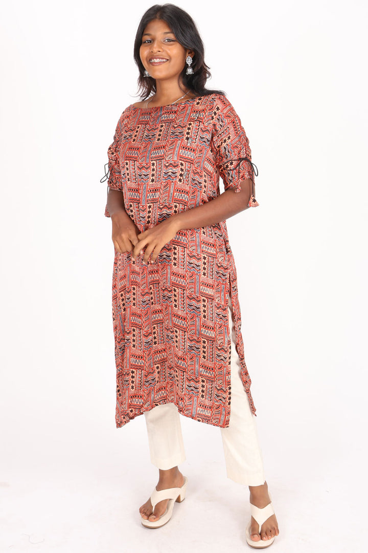 Rustic Red Ajrakh Printed Modal Silk Kurta