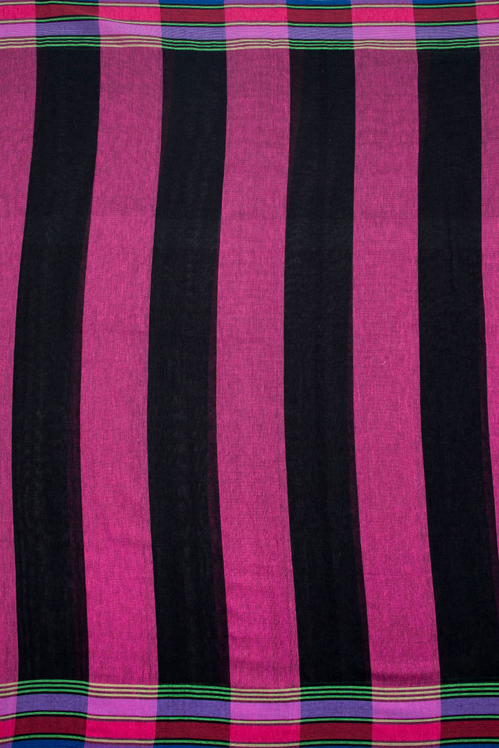 Raspberry Rose and Black Stripes Bhujodi Kala Cotton Saree 10062742