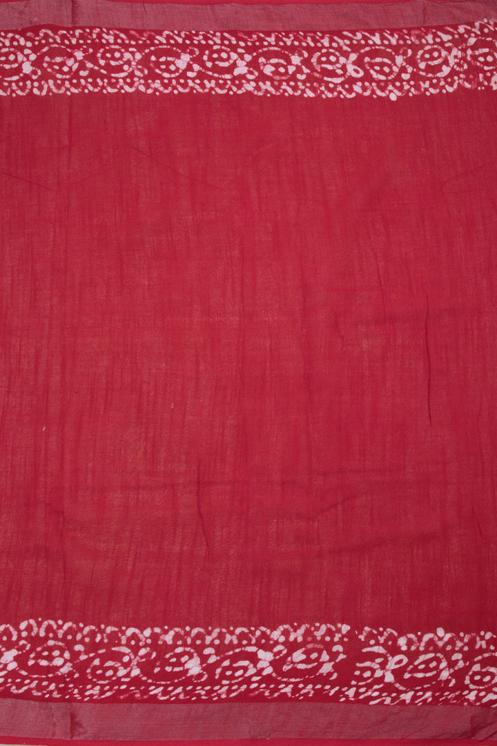 Red with Off White Batik Printed Linen Cotton Saree - 10063865