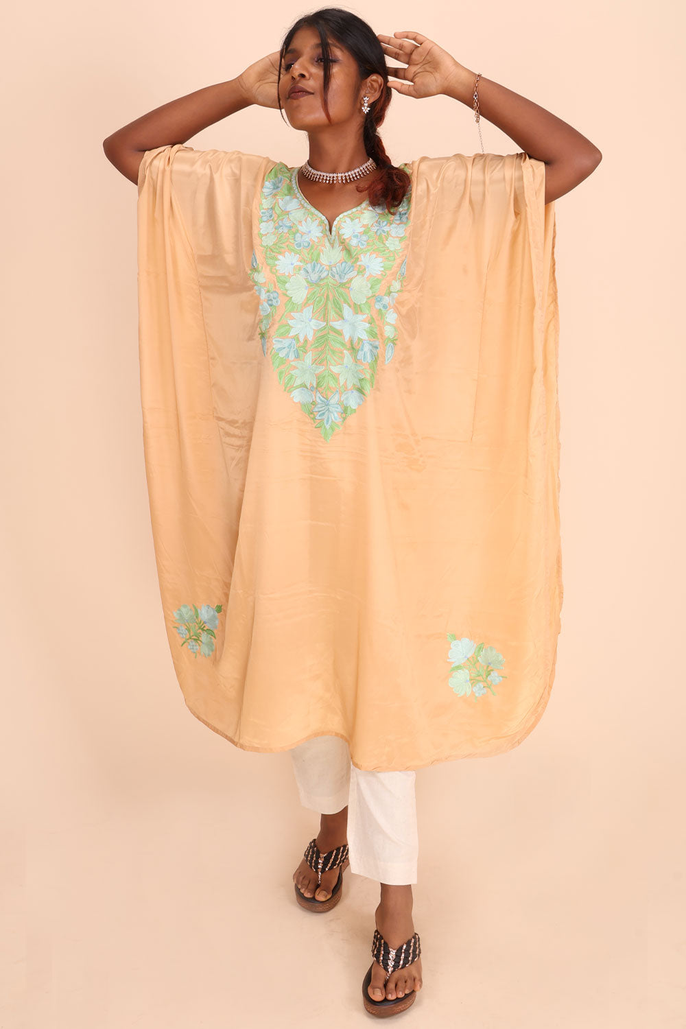 Beige Sozni Embroidered Crepe Silk Kaftan 