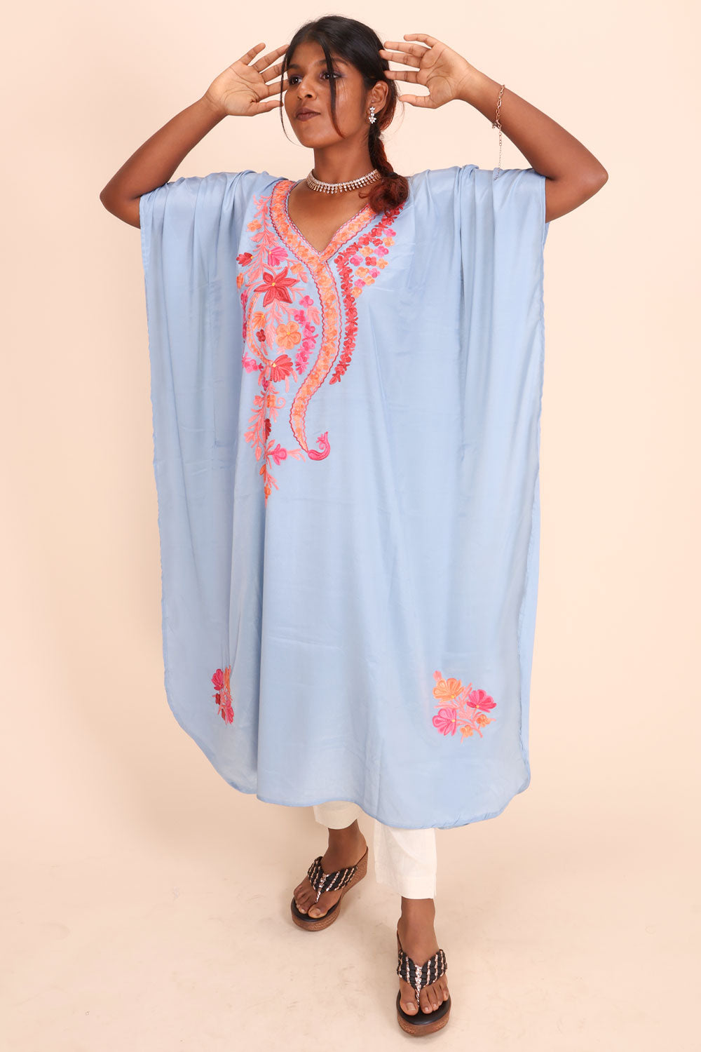 Blue Sozni Embroidered Crepe Silk Kaftan