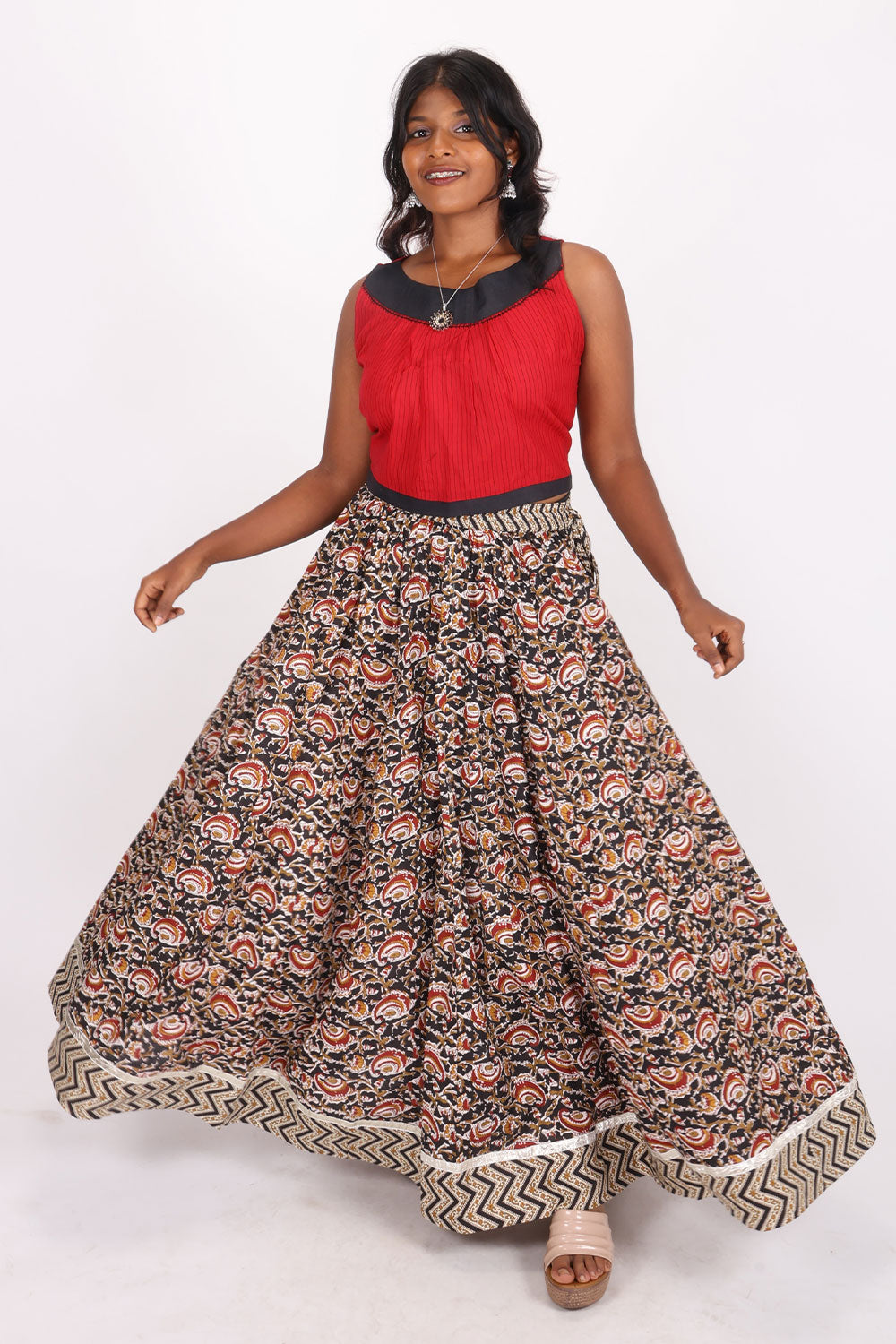 Black Hand Block Printed Cotton Skirt