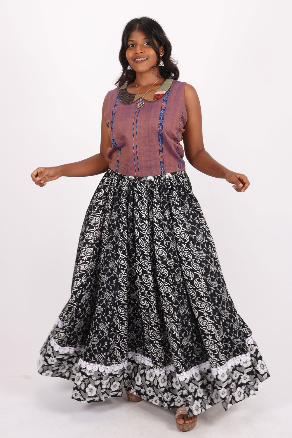 Black Hand Block Printed Cotton Skirt