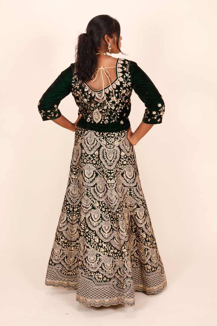 Green & Black Velvet Embroidered Lehenga 10066161