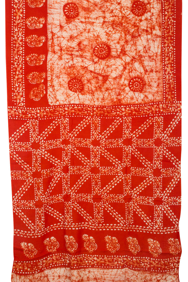 Rust Orange Batik Printed Muslin Silk saree - Avishya