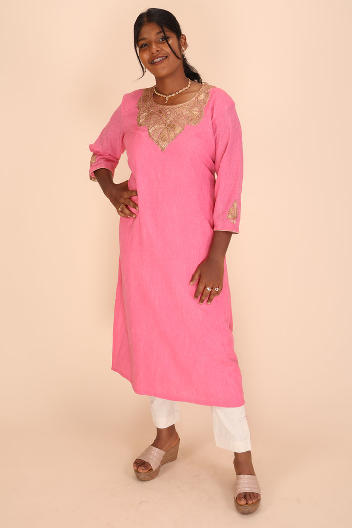 Pink Tilla Embroidered Tussar Cotton Kurta 10066284