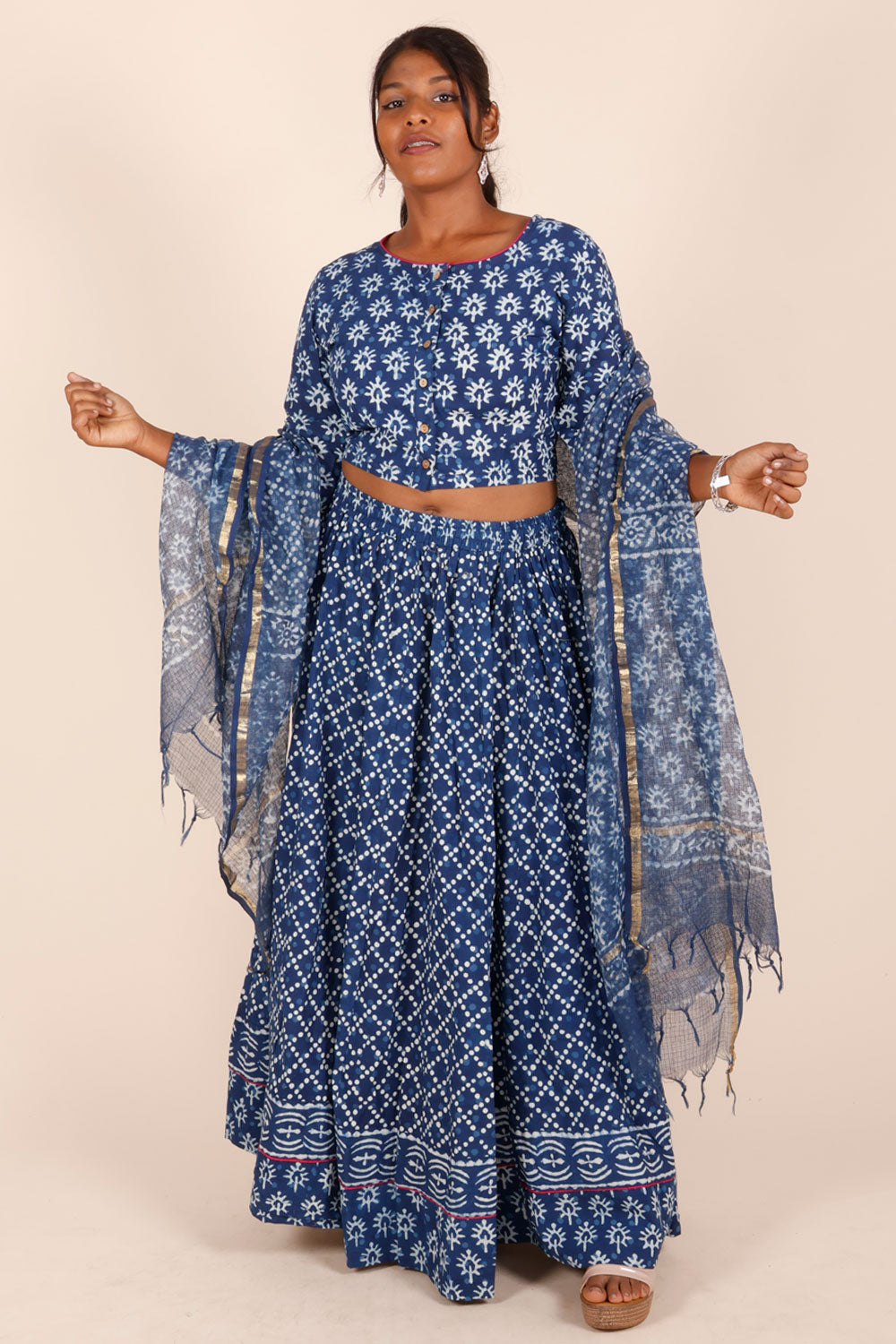 Indigo Blue Hand Block Printed Chaniya Choli With Kota Doria Dupatta 10066316