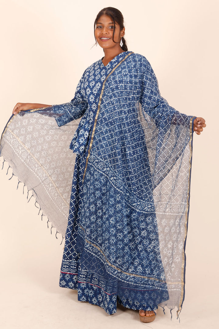 Blue Hand Block Printed Chaniya Choli with Kota Doria Dupatta 10066321 - Avishya