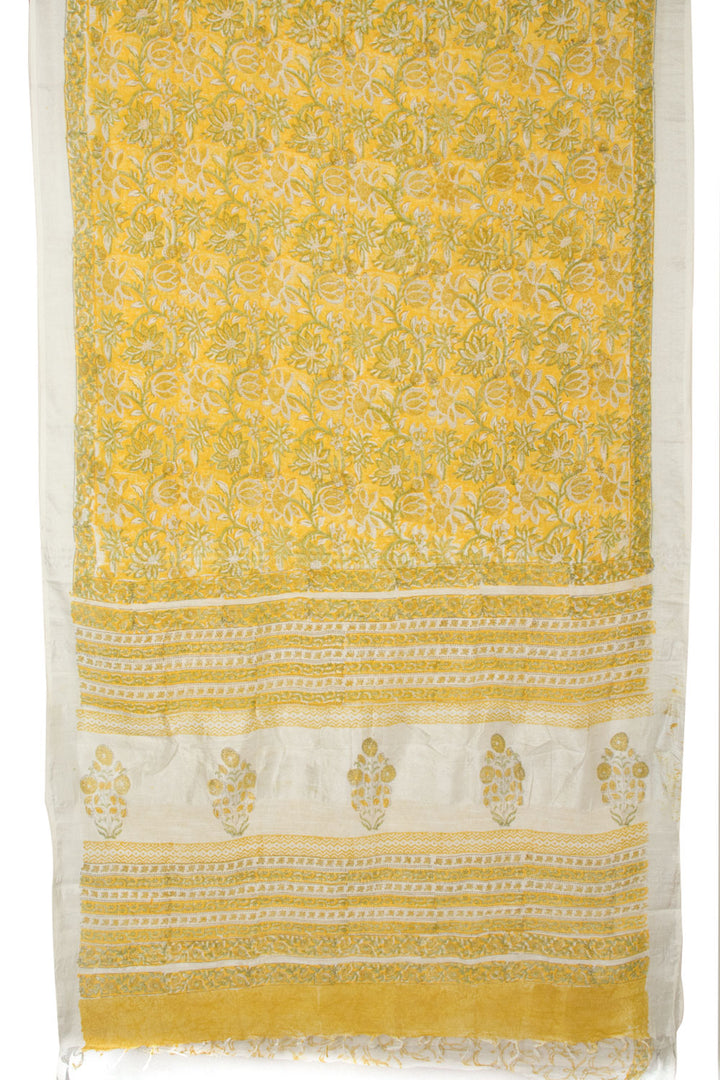 Yellow Hand Block Printed linen saree - Avishya