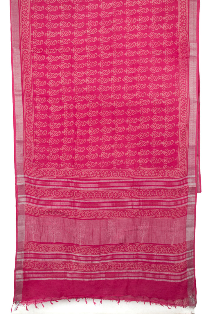 Pink Hand Block Printed Linen Saree - Avishya