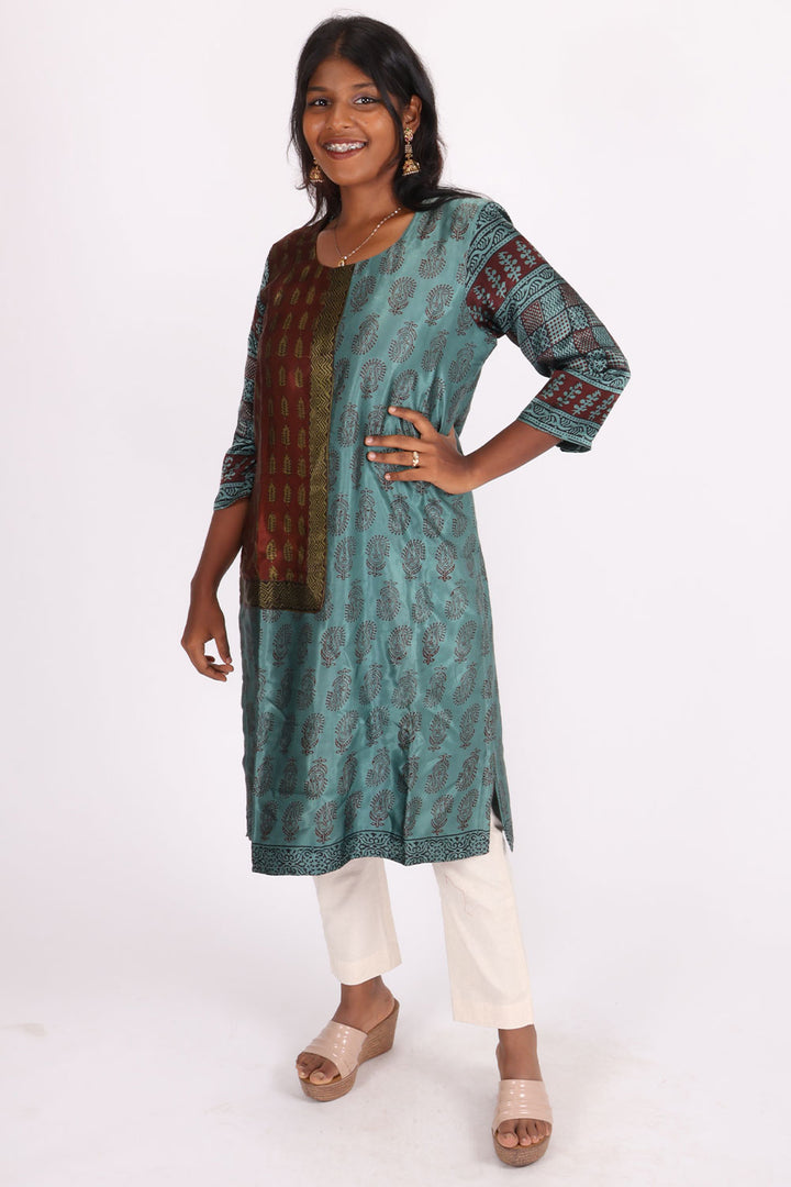 Green Handcrafted Bagh Printed Modal Silk Kurta 