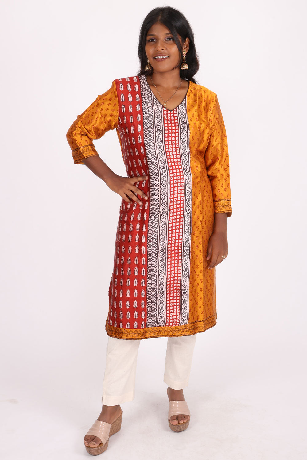 Yellow Handcrafted Bagh Printed Modal Silk Kurta