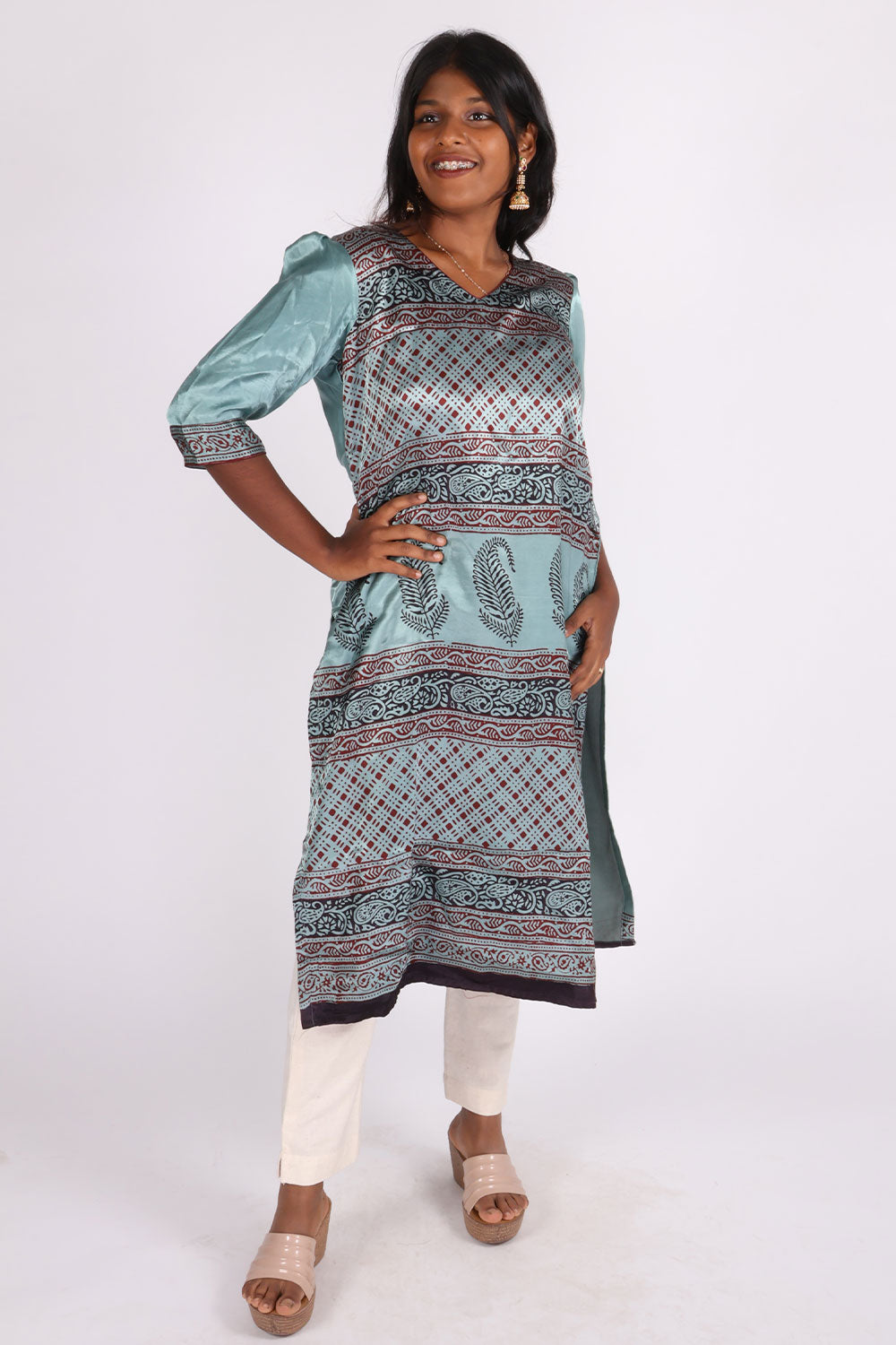 Blue Handcrafted Bagh Printed Modal Silk Kurta