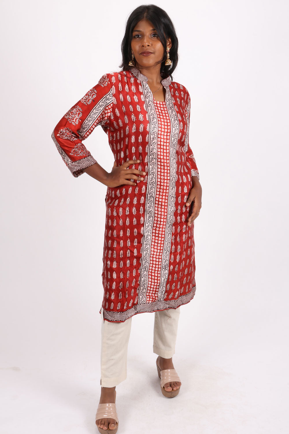 Red Handcrafted Bagh Printed Modal Silk Kurta