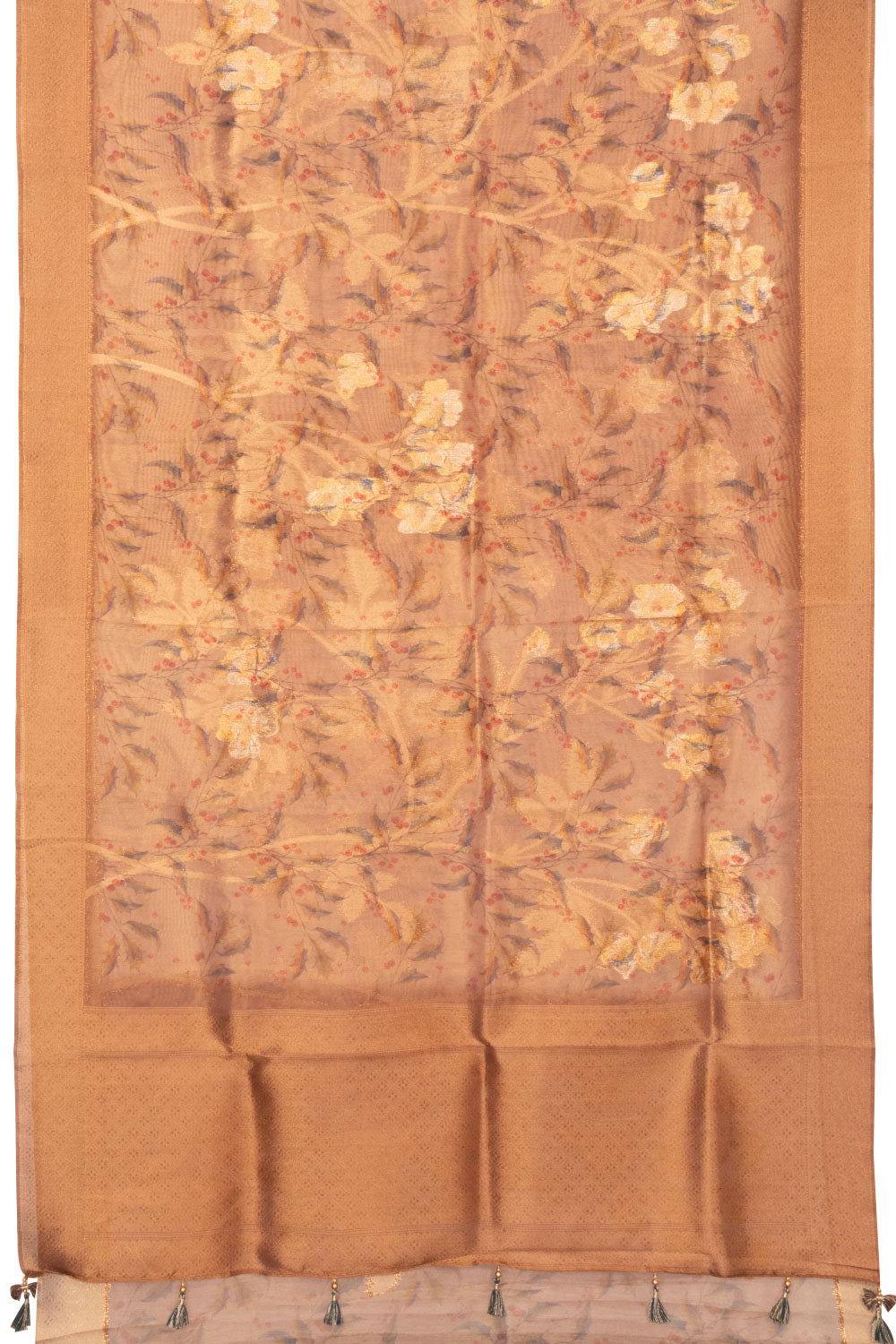 Golden Pink Floral Printed Tissue Organza Saree - Avishya